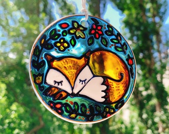 glas vos ornament, glas-in-lood vos zonnevanger, aangepaste kwekerij decor, handgemaakte zonnevanger, vos kunst, vos decor, schattige vos schilderij
