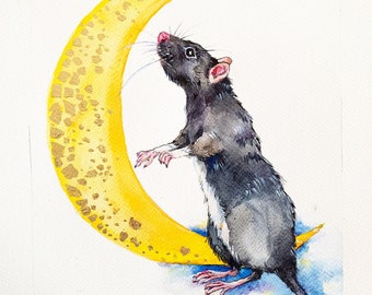 Personalized pet portrait | Custom Watercolor Pet Portrait, Pet Rat Art, Rat moon art, Memorial Pet Portrait, Rat portrait watercolor