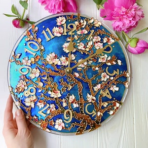 hand painted clock, romantic gift for wife, cherry blossom wall art, unique wall clock, valentine day gift for her, stained glass wall clock