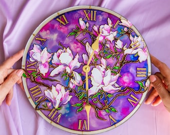 Stain glass wall clock flower | Valentines day gift art wall clock large wall clock bedroom flower magnolia decor wall clock unique