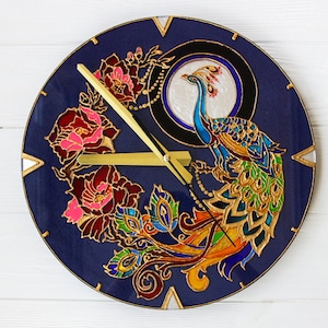 Stained glass fantasy clock Christmas gift parents, wall clock unique large wall clock, Bird clock, stained glass clock magical painted bird