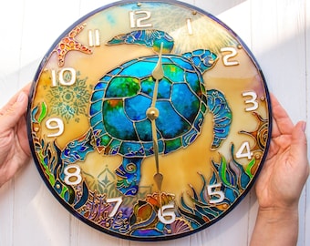 Stain glass wall clock | decorative wall clock, sea turtle gift, wall clock unique, Sea Glass art, ocean stained glass, large wall clock