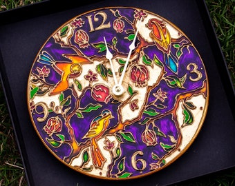 stained glass clock, wall clock for bedroom, clock flowers, pomegranate decor, wall clock unique, wall clock small, stained glass flower