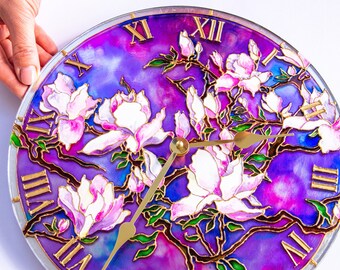 Stain glass wall clock | decorative wall clock, magnolia art, wall unique, Magnolia Glass art, flower stained glass, large wall clock