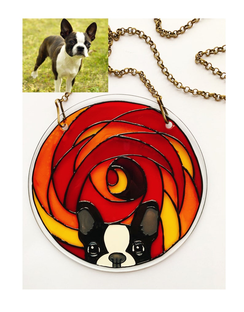 Boston terrier art, Corgi art, Stained glass dog, dog suncatcher, Boston terrier gift, Memorial Dog art, custom dog portrait, dog lover gift image 2