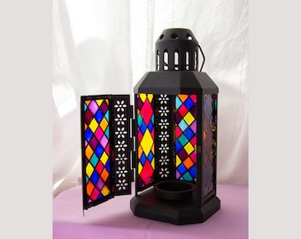 Lantern for candles, Glass lamp decor, Colorful Glass lantern, Lantern decor, Ukrainian hand painted candle holder, decorative lantern