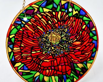 Stained Glass Poppy suncatcher, Window Hanging Stained glass Suncatcher Flowers Poppy, Bright suncatcher ornamental Poppy decor for home