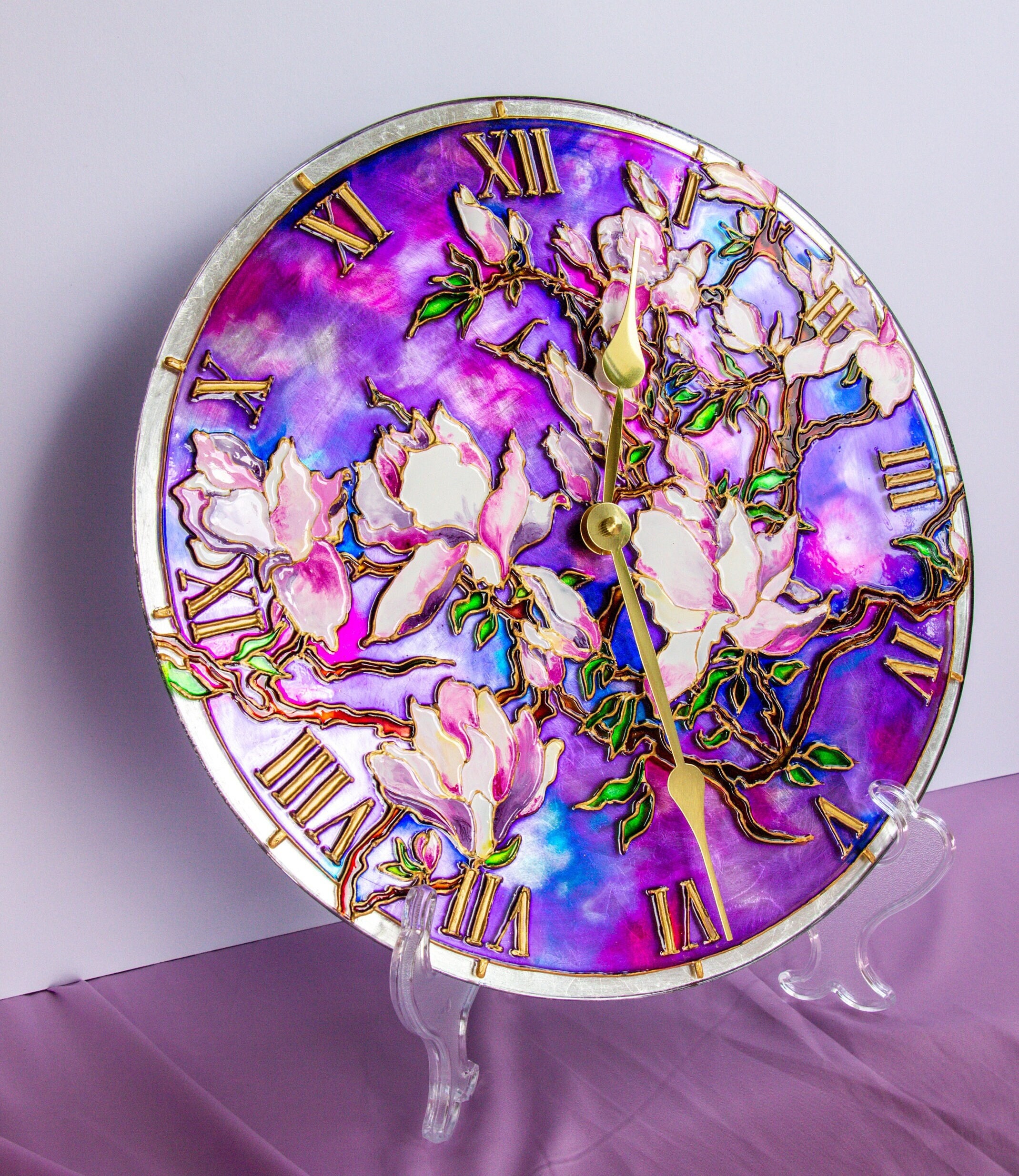 Stain Glass Wall Clock Decorative Wall Clock Magnolia Art Etsy