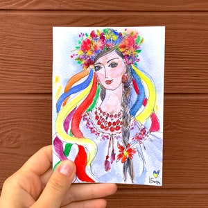 Postal de acuarela hecha a mano, acuarela de tarjeta de felicitación, arte de acuarela original, artista ucraniano, acuarela de retrato de niña