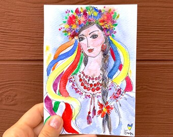 Handmade Watercolor postcard, Greeting card watercolor, Original watercolor art, Ukrainian artist, Girl portrait watercolor