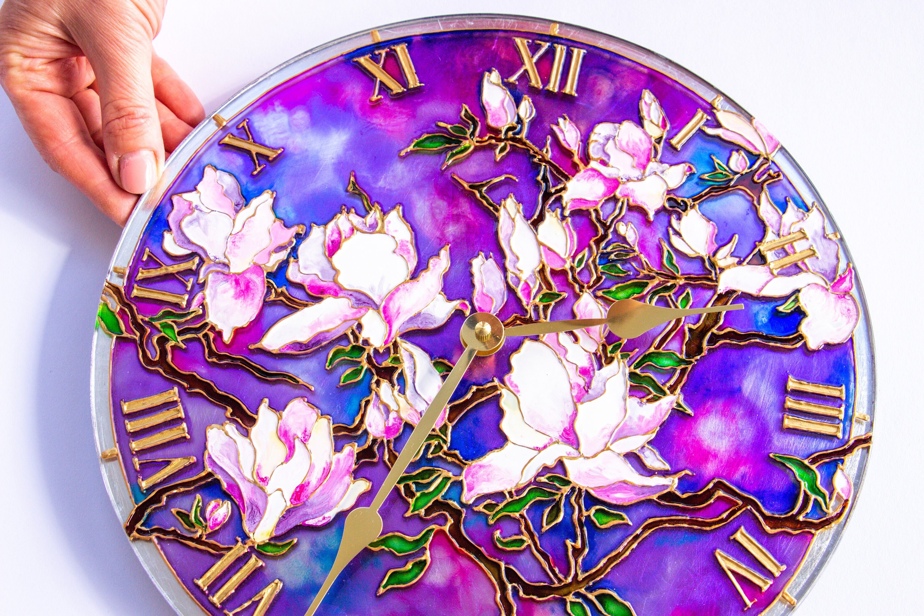 Stain glass wall clock | decorative wall clock, magnolia art, wall unique, Magnolia Glass art, flower stained glass, large wall clock
