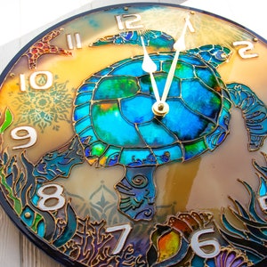 Stain glass wall clock decorative wall clock, sea turtle gift, wall clock unique, Sea Glass art, ocean stained glass, large wall clock image 2