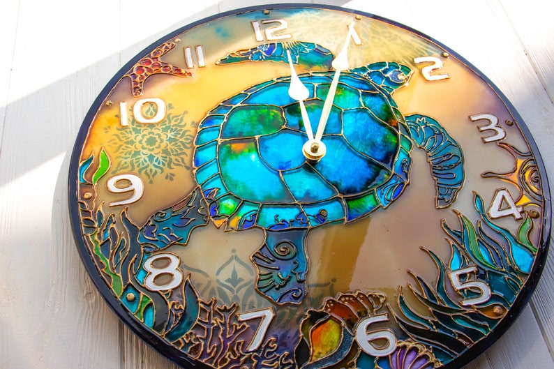 Stain glass wall clock decorative wall clock, sea turtle gift, wall clock unique, Sea Glass art, ocean stained glass, large wall clock image 2