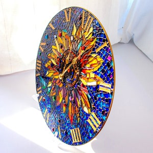 Yellow sunflower Wall clock Stained glass room decor Big bright round clock Hand Painted table clock Sunflower decor wall, Flowers mosaic image 8