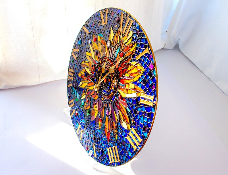 Yellow sunflower Wall clock Stained glass room decor Big bright round clock Hand Painted table clock Sunflower decor wall, Flowers mosaic image 8