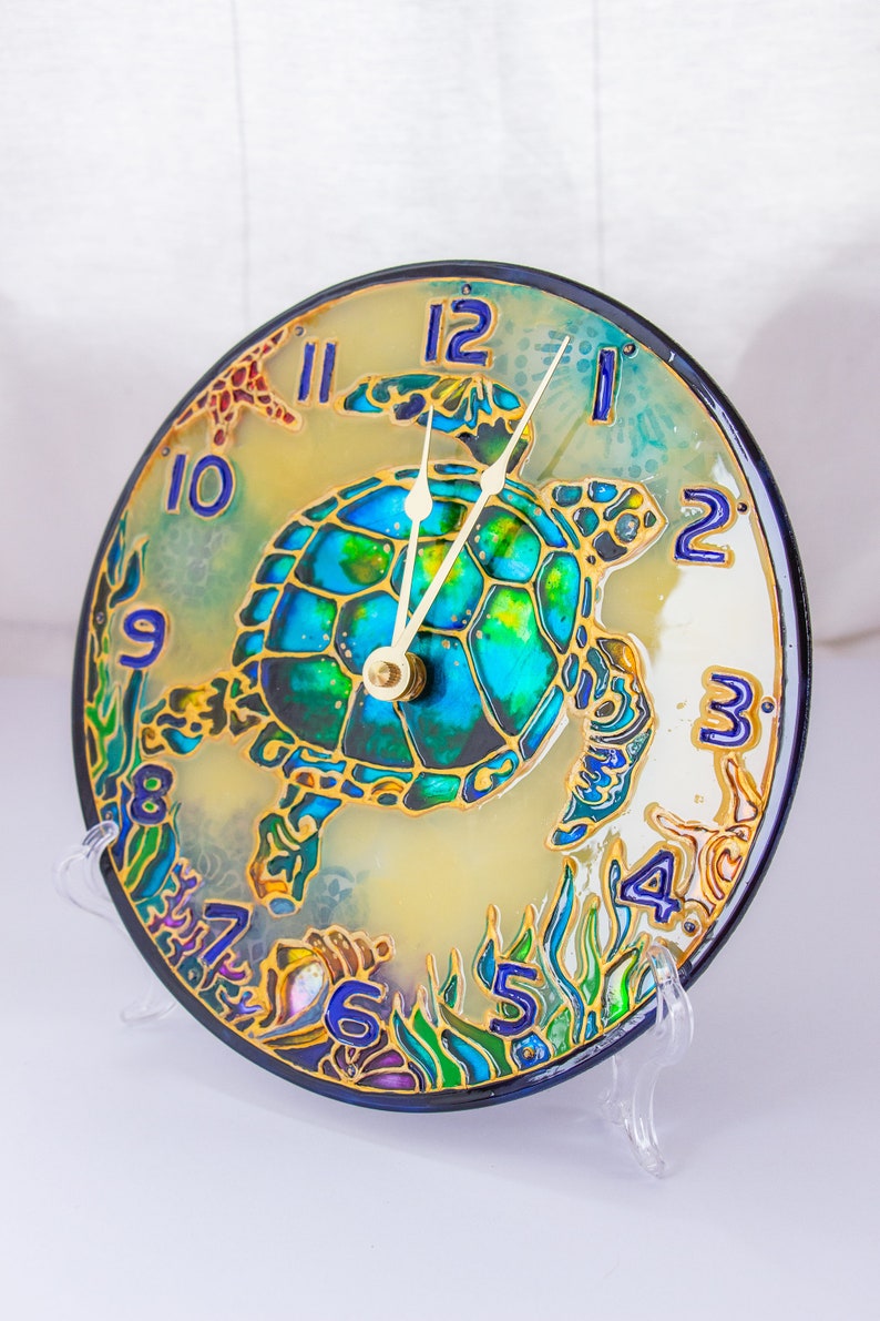 Stain glass wall clock decorative wall clock, sea turtle gift, wall clock unique, Sea Glass art, ocean stained glass, large wall clock image 5