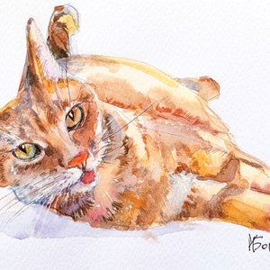 May include: Watercolor painting of a ginger cat lying on its back, looking towards the viewer. The cat has green eyes and a pink nose. The artwork is signed in the bottom right corner.
