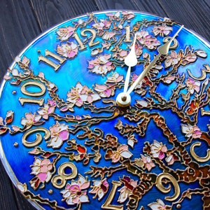 hand painted clock, romantic gift for wife, cherry blossom wall art, unique wall clock, valentine day gift for her, stained glass wall clock image 2