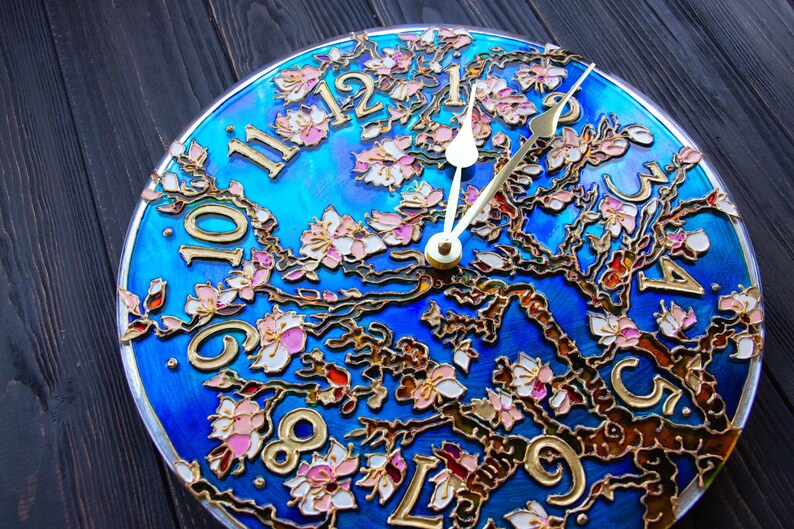 hand painted clock, romantic gift for wife, cherry blossom wall art, unique wall clock, valentine day gift for her, stained glass wall clock image 2