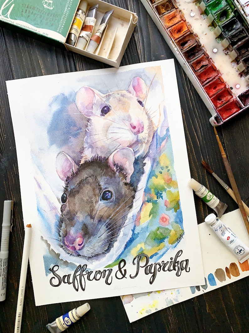 May include: Watercolor painting of two rats, one white and one gray, with the names "Saffron & Paprika" written below them.