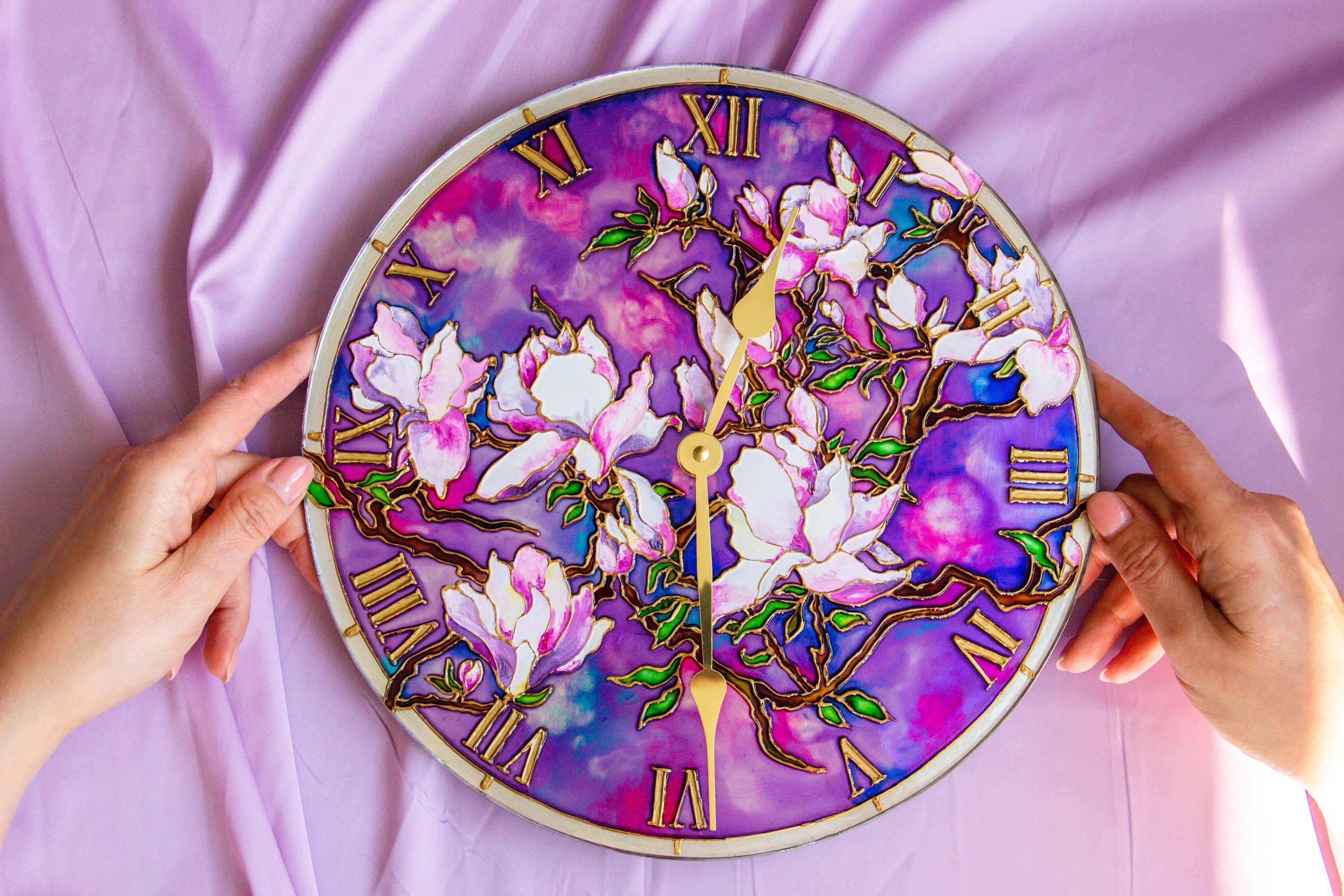 Stain Glass Wall Clock Decorative Wall Clock Magnolia Art Etsy