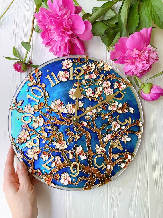 hand painted clock, romantic gift for wife, cherry blossom wall art, unique wall clock, valentine day gift for her, stained glass wall clock
