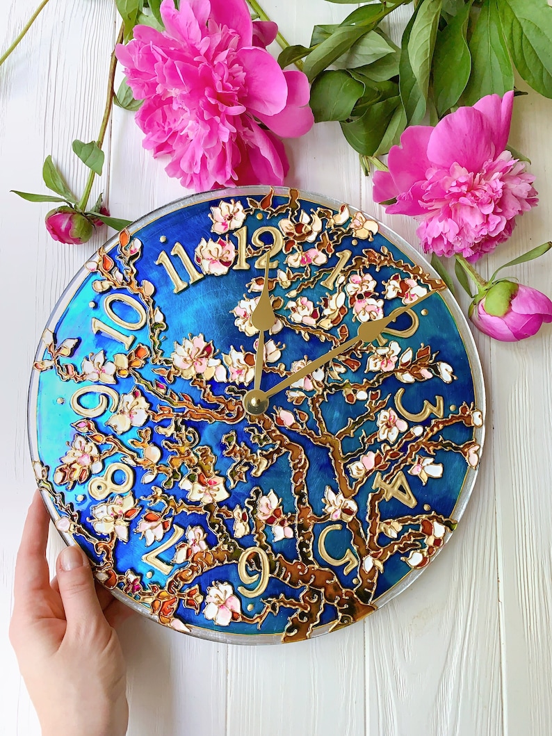 hand painted clock, romantic gift for wife, cherry blossom wall art, unique wall clock, valentine day gift for her, stained glass wall clock image 1