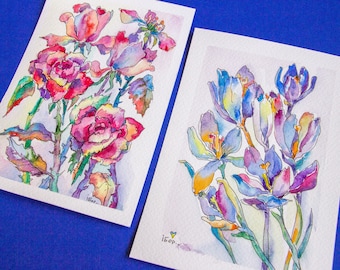 Watercolor flower postcard, Greeting card handmade watercolor, Flower small watercolor painting, Ukrainian artist, with love from Ukraine