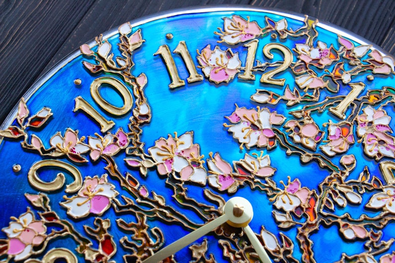 hand painted clock, romantic gift for wife, cherry blossom wall art, unique wall clock, valentine day gift for her, stained glass wall clock image 6