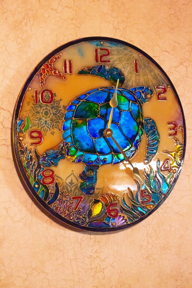 Stain glass wall clock decorative wall clock, sea turtle gift, wall clock unique, Sea Glass art, ocean stained glass, large wall clock image 9