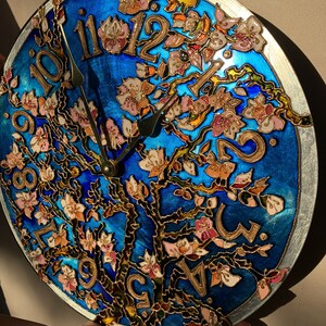 hand painted clock, romantic gift for wife, cherry blossom wall art, unique wall clock, valentine day gift for her, stained glass wall clock image 9