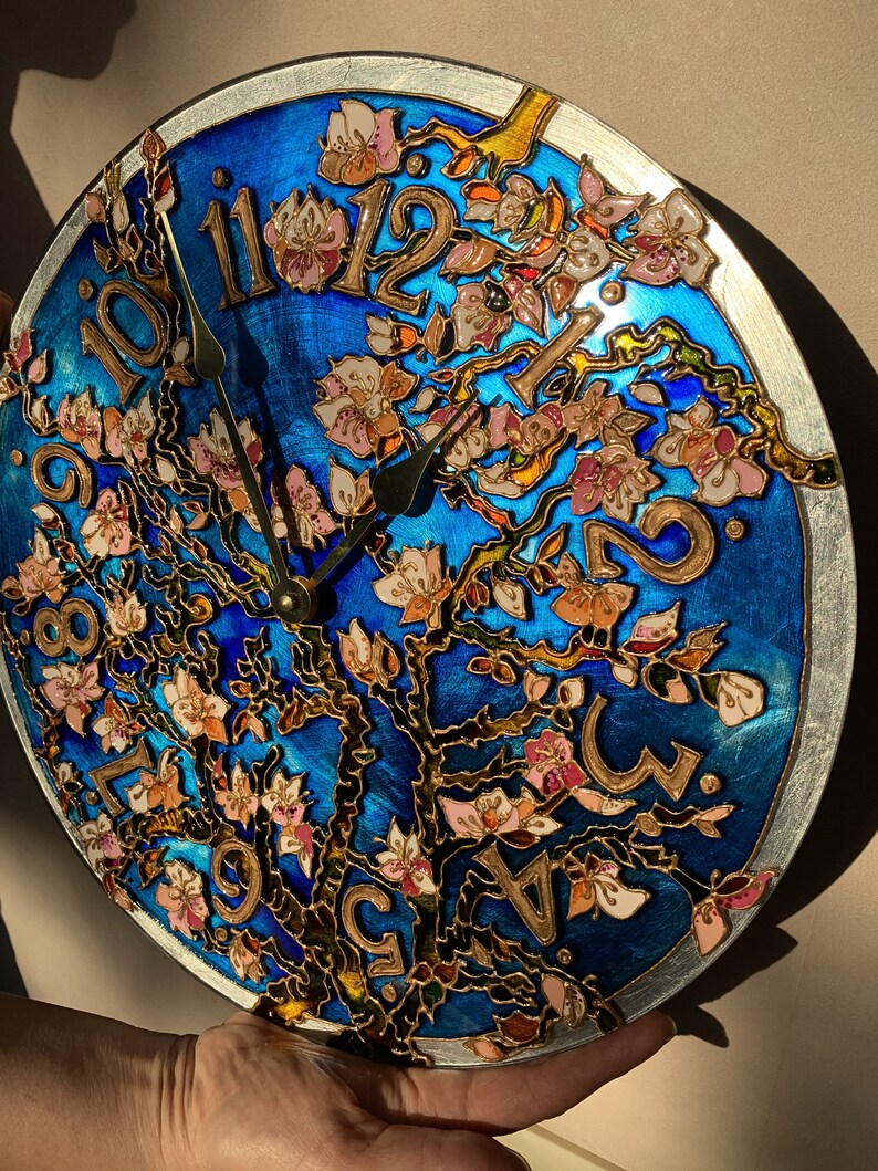 hand painted clock, romantic gift for wife, cherry blossom wall art, unique wall clock, valentine day gift for her, stained glass wall clock image 9