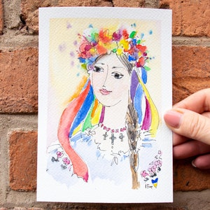 Postal pastel de acuarela hecha a mano, acuarela de tarjeta de felicitación, pintura de acuarela pequeña de flor, artista ucraniano, acuarela de retrato de niña