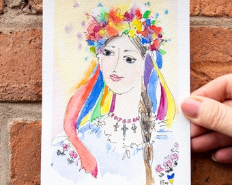 Handmade Watercolor pastel postcard, Greeting card watercolor, Flower small watercolor painting, Ukrainian artist, Girl portrait watercolor
