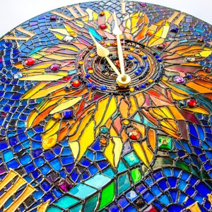 Yellow sunflower Wall clock Stained glass room decor Big bright round clock Hand Painted table clock Sunflower decor wall, Flowers mosaic image 4