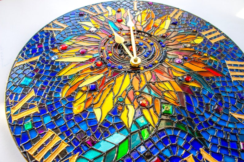 Yellow sunflower Wall clock Stained glass room decor Big bright round clock Hand Painted table clock Sunflower decor wall, Flowers mosaic image 4