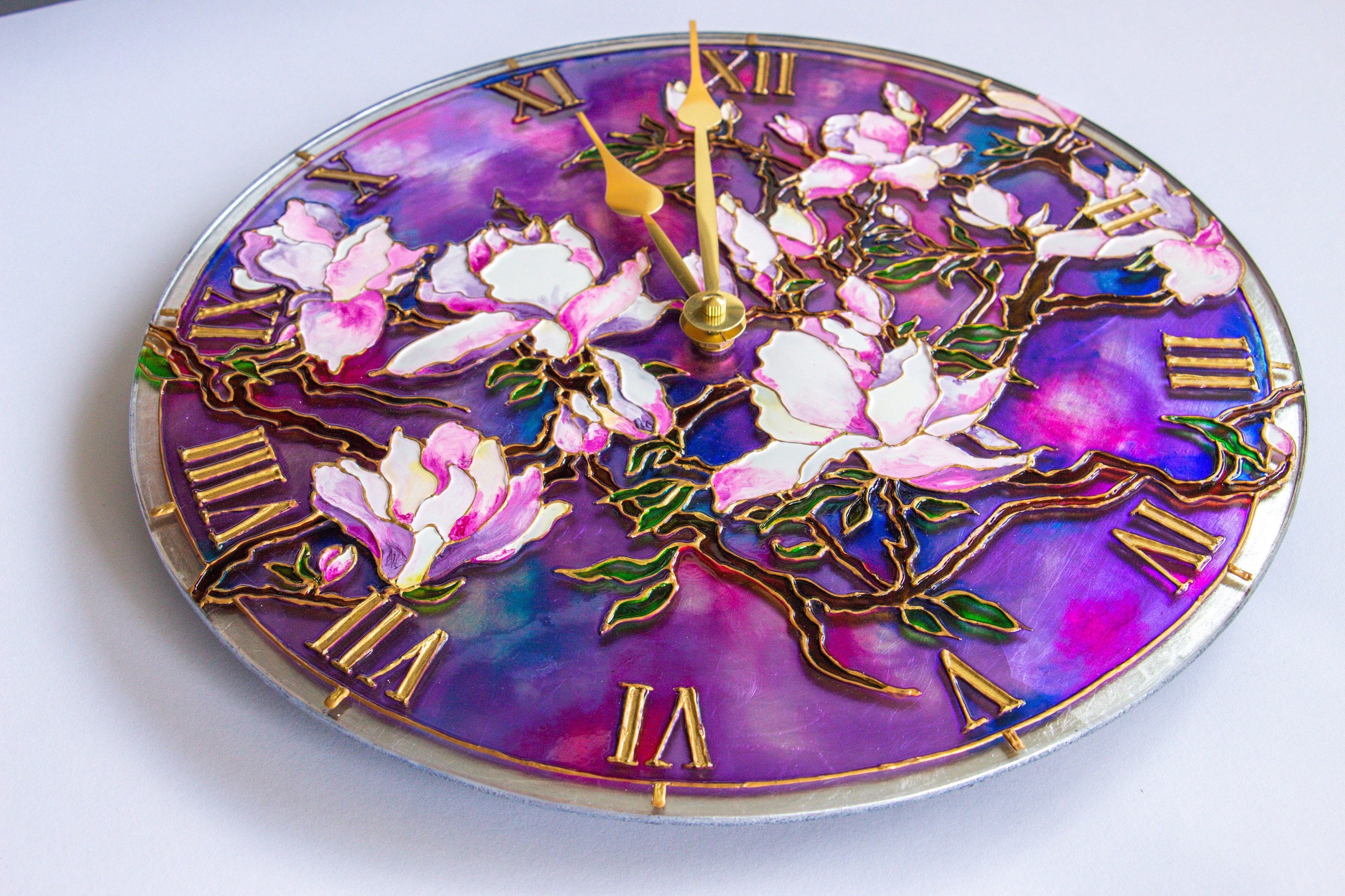 Stain Glass Wall Clock Decorative Wall Clock Magnolia Art Etsy