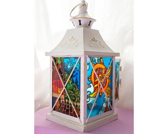 Lantern for candle, Garden decor glass, Glass lantern, Lantern decor, Ukrainian hand painted candle holder, Garden decor, decorative lantern