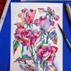 Aquarelle fleur rose art, Aquarelle roses, Carte de vœux aquarelle faite à la main, Fleur petite peinture, Aquarelle botanique originale