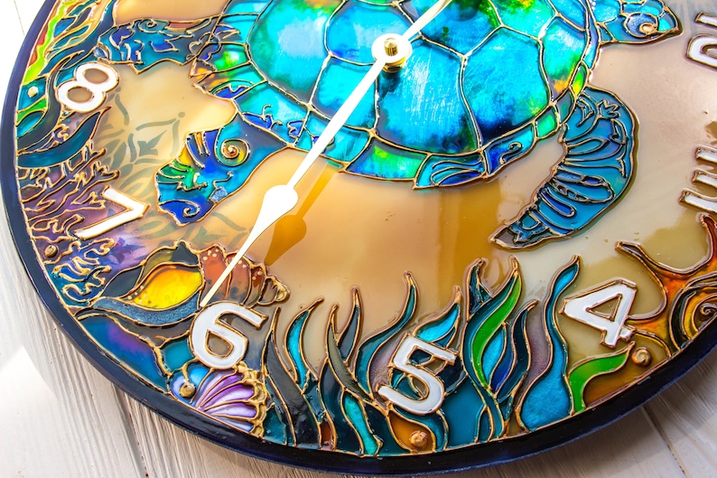 Stain glass wall clock decorative wall clock, sea turtle gift, wall clock unique, Sea Glass art, ocean stained glass, large wall clock image 4