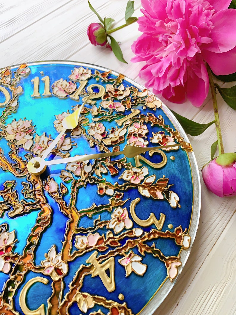 hand painted clock, romantic gift for wife, cherry blossom wall art, unique wall clock, valentine day gift for her, stained glass wall clock image 5
