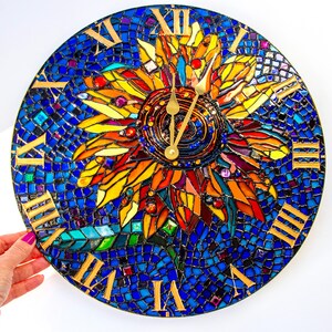 Yellow sunflower Wall clock Stained glass room decor Big bright round clock Hand Painted table clock Sunflower decor wall, Flowers mosaic image 5