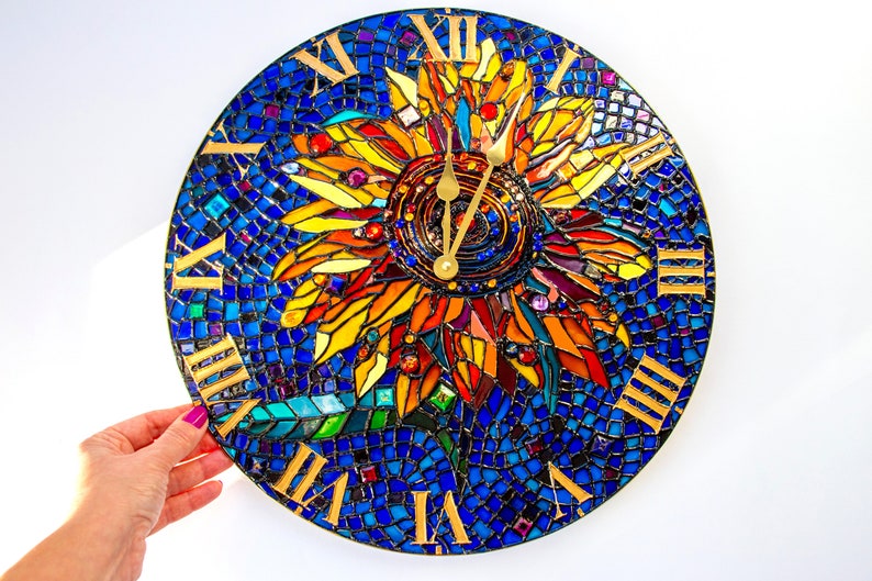 Yellow sunflower Wall clock Stained glass room decor Big bright round clock Hand Painted table clock Sunflower decor wall, Flowers mosaic image 5