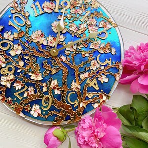 hand painted clock, romantic gift for wife, cherry blossom wall art, unique wall clock, valentine day gift for her, stained glass wall clock image 3