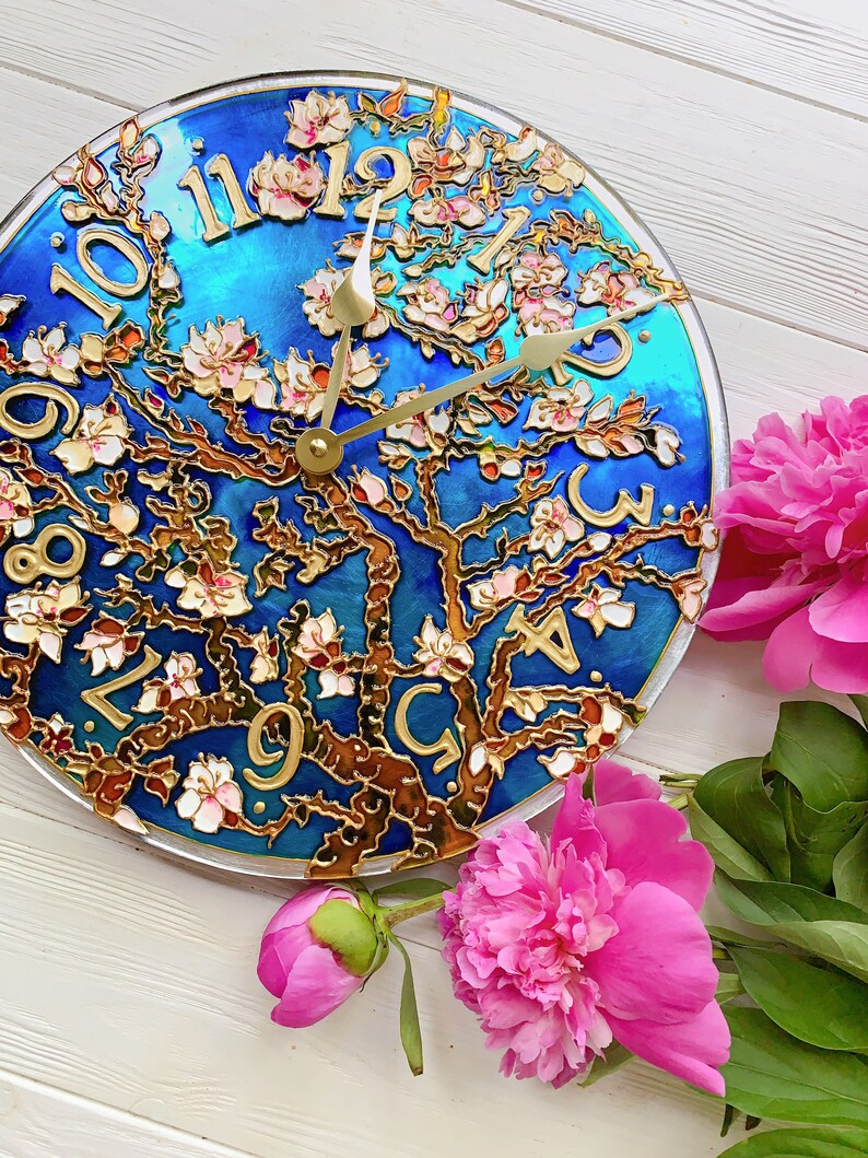 hand painted clock, romantic gift for wife, cherry blossom wall art, unique wall clock, valentine day gift for her, stained glass wall clock image 3