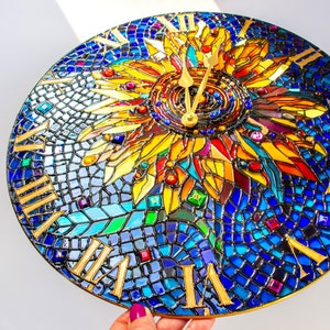 Yellow sunflower Wall clock Stained glass room decor Big bright round clock Hand Painted table clock Sunflower decor wall, Flowers mosaic image 3