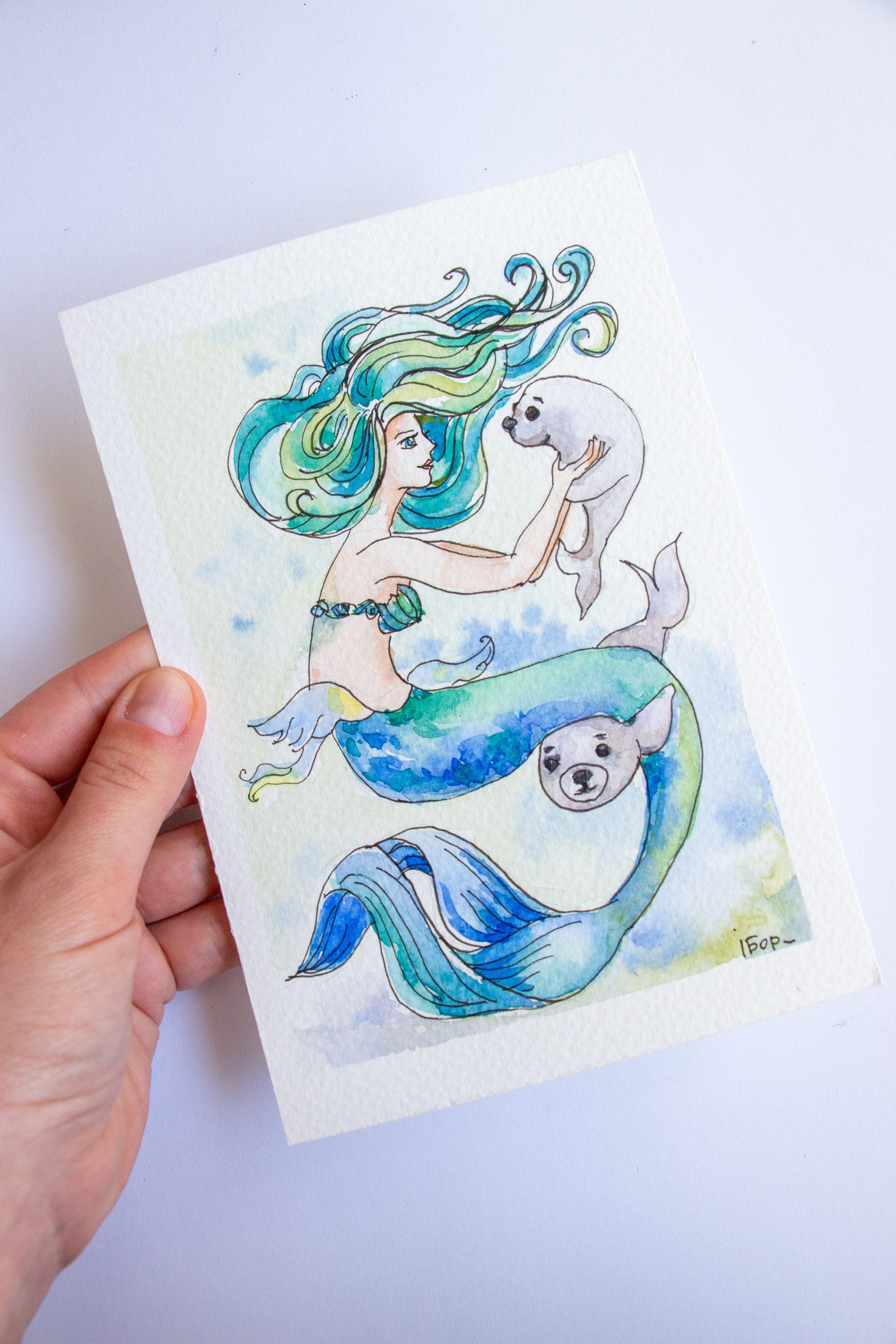 Zeemeermin kunst, Zeemeermin schilderij aquarel, Zee aquarel schilderij, Seal kunst aquarel, Aquarel cadeau voor kind kunst, kunst voor de kinderkamer