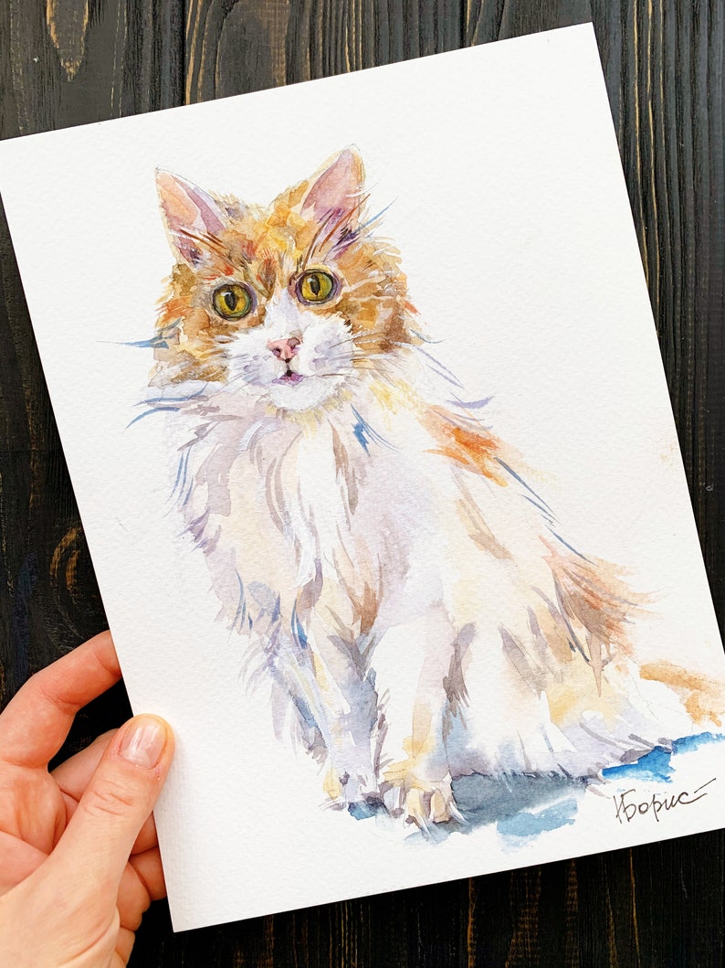 May include: Watercolor painting of a fluffy cat with orange and white fur, green eyes, and a pink nose. The cat is sitting and looking forward. The artwork is signed "Борис" in the bottom right corner.