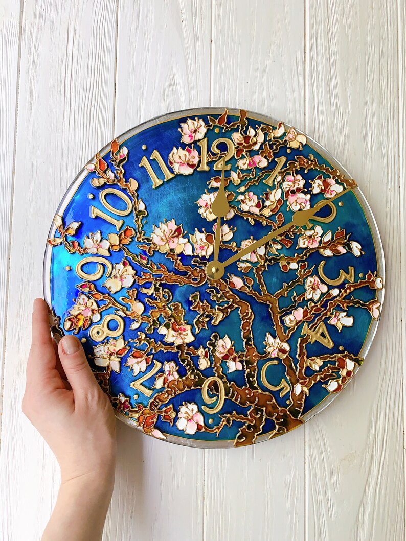 hand painted clock, romantic gift for wife, cherry blossom wall art, unique wall clock, valentine day gift for her, stained glass wall clock image 4