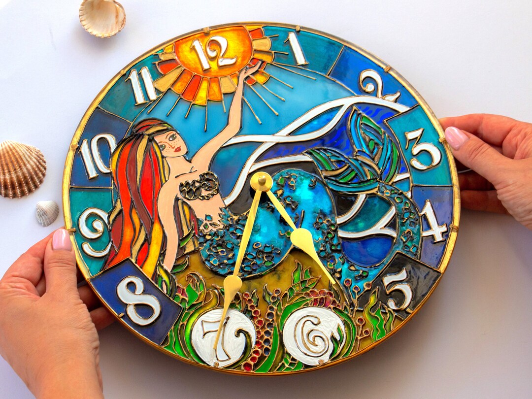 Stained Glass Wall Clock Nursery Mermaid, Fantasy Clock for Girl